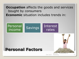 Occupation affects the goods and services
 bought by consumers
Economic situation includes trends in:




Personal Factors
                                   MKT243 Fundamental of
                        DHD 2012   Marketing               22
 