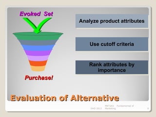Evoked Set
               Analyze product attributes
               Analyze product attributes



                   Use cutoff criteria
                   Use cutoff criteria


                  Rank attributes by
                  Rank attributes by
                     importance
                      importance
   Purchase!


Evaluation of Alternative
                              MKT243 Fundamental of
                   DHD 2012   Marketing               9
 