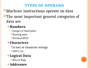 TYPES OF OPERAND
Machine instructions operate on data
The most important general categories of
data are
⚫Numbers
 Integer or fixed point
 floating point
 Decimal(BCD)
⚫Characters
is text or character strings
 ASCII etc.
⚫Logical Data
 Bits or flags
⚫Addresses
15
 