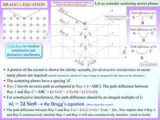 BRAGG’s EQUATION
 A portion of the crystal is shown for clarity- actually, for destructive interference to occur
many planes are required (and the interaction volume of x-rays is large as compared to that shown in the schematic).
 The scattering planes have a spacing ‘d’.
 Ray-2 travels an extra path as compared to Ray-1 (= ABC). The path difference between
Ray-1 and Ray-2 = ABC = (d Sin + d Sin) = (2d.Sin).
 For constructive interference, this path difference should be an integral multiple of :
n = 2d Sin  the Bragg’s equation. (More about this sooner).
 The path difference between Ray-1 and Ray-3 is = 2(2d.Sin) = 2n = 2n. This implies that if Ray-1
and Ray-2 constructively interfere Ray-1 and Ray-3 will also constructively interfere. (And so forth).
Let us consider scattering across planes
Click here to visualize
constructive and
destructive interference
See Note Ӂ later
Warning: we are using ray diagrams in spite of
being in the realm of ‘physical optics’
Path difference between
Ray-1 & Ray-2
 
