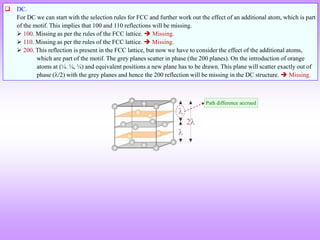  DC.
For DC we can start with the selection rules for FCC and further work out the effect of an additional atom, which is part
of the motif. This implies that 100 and 110 reflections will be missing.
 100. Missing as per the rules of the FCC lattice.  Missing.
 110. Missing as per the rules of the FCC lattice.  Missing.
 200. This reflection is present in the FCC lattice, but now we have to consider the effect of the additional atoms,
which are part of the motif. The grey planes scatter in phase (the 200 planes). On the introduction of orange
atoms at (¼. ¼, ¼) and equivalent positions a new plane has to be drawn. This plane will scatter exactly out of
phase (/2) with the grey planes and hence the 200 reflection will be missing in the DC structure.  Missing.
Path difference accrued
 