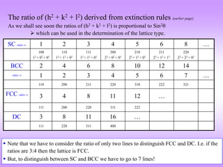 The ratio of (h2 + k2 + l2) derived from extinction rules (earlier page).
As we shall see soon the ratios of (h2 + k2 + l2) is proportional to Sin2
 which can be used in the determination of the lattice type.
SC ratio 1 2 3 4 5 6 8 …
100
12 + 02 + 02
110
12 + 12 + 02
111
12 + 12 + 02
200
22 + 02 + 02
210
22 + 12 + 02
211
22 + 12 + 12
220
22 + 22 + 02
BCC 2 4 6 8 10 12 14
ratio 1 2 3 4 5 6 7 …
110 200 211 220 310 222 321
FCC ratio
3 4 8 11 12 …
111 200 220 311 222
DC 3 8 11 16 …
111 220 311 400
 Note that we have to consider the ratio of only two lines to distinguish FCC and DC. I.e. if the
ratios are 3:4 then the lattice is FCC.
 But, to distinguish between SC and BCC we have to go to 7 lines!
 