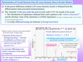  In the power diffraction method a 2 versus intensity (I) plot is obtained from the
diffractometer (and associated instrumentation).
 The ‘intensity’ is the area under the peak in such a plot (NOT the height of the peak).
 The information of importance obtained from such a pattern is the ‘relative intensities*’
and the absolute value of the intensities is of little importance (the longer we irradiate the sample the more will be
the intensity under the peak) (for now).
 I is really diffracted energy (as Intensity is Energy/area/time).
Determination of Crystal Structure from 2 versus Intensity Data in Powder Method
Powder diffraction pattern from Al
Radiation: Cu K,  = 1.54 Å
Increasing 
Increasing ‘d’
 Intensity (I) has units of
[Energy/area/time] → but here
it is plotted as arbitrary units.
 The dwell time at each angle should be
sufficient to get a high “peak to
background” ratio.
2 is the angle of deviation of X-rays.
Usually in degrees ()
This is peak (sometimes called a
line- a hangover from Debye
Scherrer camera usage)
* Relative intensity: Intensity of any peak divided by
the intensity of the ‘strongest’peak.
In a powder XRD pattern the
relative intensities of the peaks
are important.
This diffraction pattern resides in reciprocal/Fourier
space & hence, increasing ‘d’ is to the left
Noisy background.
 
