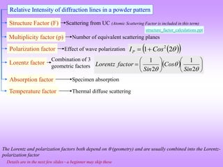 Structure Factor (F)
Multiplicity factor (p)
Polarization factor
Lorentz factor
Relative Intensity of diffraction lines in a powder pattern
Absorption factor
Temperature factor
Scattering from UC (Atomic Scattering Factor is included in this term)
Number of equivalent scattering planes
Effect of wave polarization
Combination of 3
geometric factors
Specimen absorption
Thermal diffuse scattering
  














 2
1
2
1
Sin
Cos
Sin
factor
Lorentz
 
 

2
1 2
Cos
IP 

structure_factor_calculations.ppt
Details are in the next few slides a beginner may skip these
The Lorentz and polarization factors both depend on  (geometry) and are usually combined into the Lorentz-
polarization factor
 