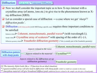  Now we shall consider the important topic as to how X-rays interact with a
crystalline array (of atoms, ions etc.) to give rise to the phenomenon known as X-
ray diffraction (XRD).
 Let us consider a special case of diffraction → a case where we get ‘sharp[1]
diffraction peaks’.
 Diffraction (with sharp peaks) (with XRD being a specific case) requires three important conditions to
be satisfied:
Radiation related Coherent, monochromatic, parallel waves& (with wavelength ).
Sample related Crystalline array of scatterers* with spacing of the order of (~) .
Diffraction geometry related Fraunhofer diffraction geometry (& this is actually part of the Fraunhofer geometry)
[1] The intensity- plot looks like a ‘’function (in an ideal situation).
* A quasicrystalline array will also lead to diffraction with sharp peaks (which we shall not consider in this text).
** Amorphous material will give broadened (diffuse) peak (additional factors related to the sample can also give a broad peak).
Diffraction Click here to “Understand Diffraction”
Coherent, monochromatic, parallel wave
Fraunhofer geometry
Diffraction pattern
with sharp peaks
Crystalline*,**
Aspects related to the wave
Aspects related to the material
Aspects related to the diffraction set-up
(diffraction geometry)
 