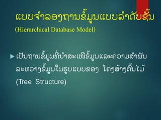 ແບບຈຳລອງຖຳນຂໍ້ມູນແບບລຳດັບຊັໍ້ນ
(Hierarchical Database Model)
 ເປັນຖຳນຂໍ້ມູນທີີ່ ນຳສະເໜີຂໍ້ມູນແລະຄວຳມສຳພັນ
ລະຫວີ່ຳງຂໍ້ມູນໃນຮູບແບບຂອງ ໂຄງສໍ້ຳງຕົໍ້ນໄມໍ້
(Tree Structure)
 