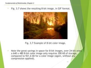Fundamentals of Multimedia, Chapter 3
• Fig. 3.7 shows the resulting 8-bit image, in GIF format.
Fig. 3.7 Example of 8-bit color image.
• Note the great savings in space for 8-bit images, over 24-bit ones:
a 640 x 480 8-bit color image only requires 300 kB of storage,
compared to 921.6 kB for a color image (again, without any
compression applied).
16
 