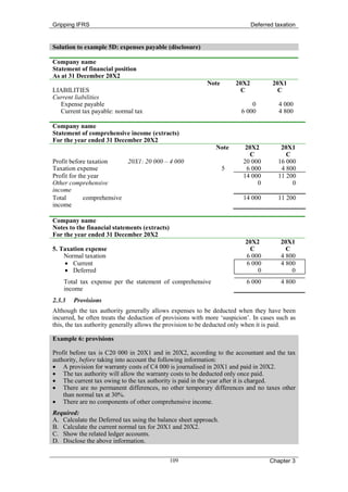 Gripping IFRS                                                                Deferred taxation


Solution to example 5D: expenses payable (disclosure)

Company name
Statement of financial position
As at 31 December 20X2
                                                           Note       20X2           20X1
LIABILITIES                                                             C              C
Current liabilities
  Expense payable                                                           0          4 000
  Current tax payable: normal tax                                       6 000          4 800

Company name
Statement of comprehensive income (extracts)
For the year ended 31 December 20X2
                                                              Note        20X2          20X1
                                                                            C             C
Profit before taxation     20X1: 20 000 – 4 000                          20 000        16 000
Taxation expense                                                  5       6 000         4 800
Profit for the year                                                      14 000        11 200
Other comprehensive                                                           0             0
income
Total        comprehensive                                               14 000        11 200
income

Company name
Notes to the financial statements (extracts)
For the year ended 31 December 20X2
                                                                         20X2           20X1
5. Taxation expense                                                       C               C
    Normal taxation                                                      6 000          4 800
    • Current                                                            6 000          4 800
    • Deferred                                                               0              0
    Total tax expense per the statement of comprehensive                  6 000         4 800
    income
2.3.3   Provisions
Although the tax authority generally allows expenses to be deducted when they have been
incurred, he often treats the deduction of provisions with more ‘suspicion’. In cases such as
this, the tax authority generally allows the provision to be deducted only when it is paid.

Example 6: provisions

Profit before tax is C20 000 in 20X1 and in 20X2, according to the accountant and the tax
authority, before taking into account the following information:
• A provision for warranty costs of C4 000 is journalised in 20X1 and paid in 20X2.
• The tax authority will allow the warranty costs to be deducted only once paid.
• The current tax owing to the tax authority is paid in the year after it is charged.
• There are no permanent differences, no other temporary differences and no taxes other
    than normal tax at 30%.
• There are no components of other comprehensive income.
Required:
A. Calculate the Deferred tax using the balance sheet approach.
B. Calculate the current normal tax for 20X1 and 20X2.
C. Show the related ledger accounts.
D. Disclose the above information.


                                               109                                  Chapter 3
 