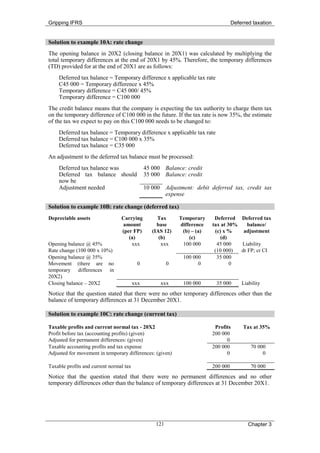 Gripping IFRS                                                                       Deferred taxation


Solution to example 10A: rate change
The opening balance in 20X2 (closing balance in 20X1) was calculated by multiplying the
total temporary differences at the end of 20X1 by 45%. Therefore, the temporary differences
(TD) provided for at the end of 20X1 are as follows:
    Deferred tax balance = Temporary difference x applicable tax rate
    C45 000 = Temporary difference x 45%
    Temporary difference = C45 000/ 45%
    Temporary difference = C100 000
The credit balance means that the company is expecting the tax authority to charge them tax
on the temporary difference of C100 000 in the future. If the tax rate is now 35%, the estimate
of the tax we expect to pay on this C100 000 needs to be changed to:
    Deferred tax balance = Temporary difference x applicable tax rate
    Deferred tax balance = C100 000 x 35%
    Deferred tax balance = C35 000
An adjustment to the deferred tax balance must be processed:
    Deferred tax balance was                   45 000 Balance: credit
    Deferred tax balance should                35 000 Balance: credit
    now be
    Adjustment needed                          10 000 Adjustment: debit deferred tax, credit tax
                                                      expense

Solution to example 10B: rate change (deferred tax)
Depreciable assets               Carrying           Tax      Temporary     Deferred Deferred tax
                                 amount             base     difference   tax at 30%    balance/
                                 (per FP)         (IAS 12)    (b) – (a)    (c) x %    adjustment
                                    (a)              (b)         (c)          (d)
Opening balance @ 45%                xxx              xxx     100 000       45 000   Liability
Rate change (100 000 x 10%)                                                (10 000)  dr FP; cr CI
Opening balance @ 35%                                         100 000       35 000
Movement (there are no                    0              0          0             0
temporary differences in
20X2)
Closing balance – 20X2                   xxx         xxx      100 000      35 000       Liability
Notice that the question stated that there were no other temporary differences other than the
balance of temporary differences at 31 December 20X1.

Solution to example 10C: rate change (current tax)

Taxable profits and current normal tax - 20X2                              Profits       Tax at 35%
Profit before tax (accounting profits) (given)                            200 000
Adjusted for permanent differences: (given)                                     0
Taxable accounting profits and tax expense                                200 000           70 000
Adjusted for movement in temporary differences: (given)                         0                0

Taxable profits and current normal tax                                    200 000           70 000
Notice that the question stated that there were no permanent differences and no other
temporary differences other than the balance of temporary differences at 31 December 20X1.




                                                   121                                     Chapter 3
 