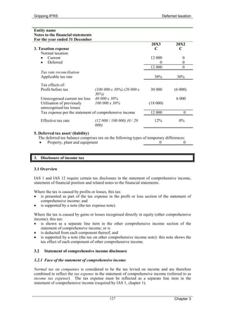 Gripping IFRS                                                               Deferred taxation


Entity name
Notes to the financial statements
For the year ended 31 December
                                                                     20X3           20X2
3. Taxation expense                                                    C              C
    Normal taxation
    • Current                                                        12 000             0
    • Deferred                                                            0             0
                                                                     12 000             0
      Tax rate reconciliation
      Applicable tax rate                                              30%          30%
      Tax effects of:
      Profit before tax             (100 000 x 30%) (20 000 x        30 000        (6 000)
                                    30%)
      Unrecognised current tax loss 40 000 x 30%                                    6 000
      Utilisation of previously     100 000 x 30%                   (18 000)
      unrecognised tax losses
      Tax expense per the statement of comprehensive income          12 000             0
      Effective tax rate            (12 000 / 100 000) (0 / 20         12%            0%
                                    000)
5. Deferred tax asset/ (liability)
   The deferred tax balance comprises tax on the following types of temporary differences:
   • Property, plant and equipment                                        0              0


3. Disclosure of income tax

3.1 Overview

IAS 1 and IAS 12 require certain tax disclosure in the statement of comprehensive income,
statement of financial position and related notes to the financial statements.

Where the tax is caused by profits or losses, this tax:
• is presented as part of the tax expense in the profit or loss section of the statement of
  comprehensive income; and
• is supported by a note (the tax expense note).

Where the tax is caused by gains or losses recognised directly in equity (other comprehensive
income), this tax:
• is shown as a separate line item in the other comprehensive income section of the
    statement of comprehensive income; or is
• is deducted from each component thereof; and
• is supported by a note (the tax on other comprehensive income note): this note shows the
    tax effect of each component of other comprehensive income.

3.2     Statement of comprehensive income disclosure

3.2.1 Face of the statement of comprehensive income

Normal tax on companies is considered to be the tax levied on income and are therefore
combined to reflect the tax expense in the statement of comprehensive income (referred to as
income tax expense). The tax expense must be reflected as a separate line item in the
statement of comprehensive income (required by IAS 1, chapter 1).


                                            127                                    Chapter 3
 