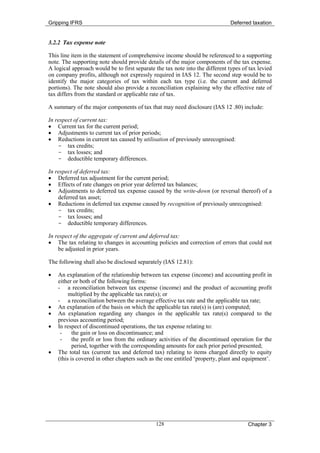 Gripping IFRS                                                                  Deferred taxation


3.2.2 Tax expense note

This line item in the statement of comprehensive income should be referenced to a supporting
note. The supporting note should provide details of the major components of the tax expense.
A logical approach would be to first separate the tax note into the different types of tax levied
on company profits, although not expressly required in IAS 12. The second step would be to
identify the major categories of tax within each tax type (i.e. the current and deferred
portions). The note should also provide a reconciliation explaining why the effective rate of
tax differs from the standard or applicable rate of tax.

A summary of the major components of tax that may need disclosure (IAS 12 .80) include:

In respect of current tax:
• Current tax for the current period;
• Adjustments to current tax of prior periods;
• Reductions in current tax caused by utilisation of previously unrecognised:
    - tax credits;
    - tax losses; and
    - deductible temporary differences.

In respect of deferred tax:
• Deferred tax adjustment for the current period;
• Effects of rate changes on prior year deferred tax balances;
• Adjustments to deferred tax expense caused by the write-down (or reversal thereof) of a
    deferred tax asset;
• Reductions in deferred tax expense caused by recognition of previously unrecognised:
    - tax credits;
    - tax losses; and
    - deductible temporary differences.

In respect of the aggregate of current and deferred tax:
• The tax relating to changes in accounting policies and correction of errors that could not
    be adjusted in prior years.

The following shall also be disclosed separately (IAS 12.81):

•   An explanation of the relationship between tax expense (income) and accounting profit in
    either or both of the following forms:
    - a reconciliation between tax expense (income) and the product of accounting profit
         multiplied by the applicable tax rate(s); or
    - a reconciliation between the average effective tax rate and the applicable tax rate;
•   An explanation of the basis on which the applicable tax rate(s) is (are) computed;
•   An explanation regarding any changes in the applicable tax rate(s) compared to the
    previous accounting period;
•   In respect of discontinued operations, the tax expense relating to:
     -     the gain or loss on discontinuance; and
     -     the profit or loss from the ordinary activities of the discontinued operation for the
           period, together with the corresponding amounts for each prior period presented;
•   The total tax (current tax and deferred tax) relating to items charged directly to equity
    (this is covered in other chapters such as the one entitled ‘property, plant and equipment’.




                                              128                                     Chapter 3
 