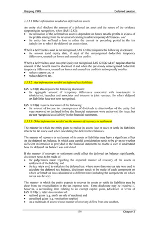 Gripping IFRS                                                                  Deferred taxation


3.3.3.1 Other information needed on deferred tax assets

An entity shall disclose the amount of a deferred tax asset and the nature of the evidence
supporting its recognition, when (IAS 12.82):
• the utilisation of the deferred tax asset is dependent on future taxable profits in excess of
   the profits arising from the reversal of existing taxable temporary differences, and
• the entity has suffered a loss in either the current or preceding period in the tax
   jurisdiction to which the deferred tax asset relates.

Where a deferred tax asset is not recognised, IAS 12.81(e) requires the following disclosure:
• the amount (and expiry date, if any) of the unrecognised deductible temporary
  differences, unused tax losses and unused tax credits.

Where a deferred tax asset was previously not recognised, IAS 12.80(e) & (f) requires that the
amount of the benefit must be disclosed if and when the previously unrecognised deductible
temporary differences, unused tax losses and unused tax credits is subsequently used to:
• reduce current tax; or
• reduce deferred tax.

3.3.3.2 ther information needed on deferred tax liabilities

IAS 12.81(f) also requires the following disclosure:
• the aggregate amount of temporary differences associated with investments in
   subsidiaries, branches and associates and interests in joint ventures, for which deferred
   tax liabilities have not been recognised.

IAS 12.81(i) requires disclosure of the following:
• the amount of income tax consequences of dividends to shareholders of the entity that
   were proposed or declared before the financial statements were authorised for issue, but
   are not recognised as a liability in the financial statements.

3.3.3.3 Other information needed on the manner of recovery or settlement

The manner in which the entity plans to realise its assets (use or sale) or settle its liabilities
affects the tax rates used when calculating the deferred tax balances.

The manner of recovery or settlement of its assets or liabilities may have a significant effect
on the deferred tax balance, in which case careful consideration needs to be given to whether
sufficient information is provided in the financial statements to enable a user to understand
how the deferred tax balance was calculated.

If the manner of recovery or settlement could affect the deferred tax balance significantly,
disclosure needs to be made of:
• the judgements made regarding the expected manner of recovery of the assets or
     settlement of the liability; and
• the tax rate/s used to calculate the deferred tax: where more than one tax rate was used to
     calculate the deferred tax balance, disclosure needs to be made of each component on
     which deferred tax was calculated at a different rate (including the components on which
     no tax was levied).

The manner in which the entity expects to recover its assets or settle its liabilities may be
clear from the reconciliation in the tax expense note. Extra disclosure may be required if,
however, a reconciling item relating to an exempt capital gains, (disclosed in terms of
IAS 12.81(c)), refers to a mixture of:
• realised gains (e.g. profit on sale of machine) and
• unrealised gains (e.g. revaluation surplus)
• on a multitude of assets whose manner of recovery differs from one another,


                                               130                                     Chapter 3
 