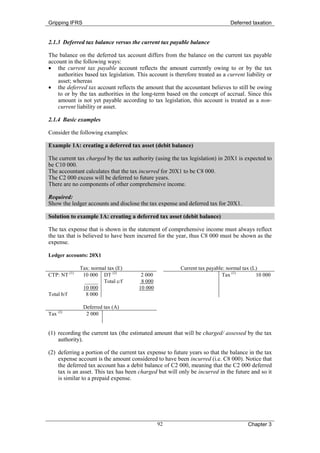 Gripping IFRS                                                                  Deferred taxation


2.1.3 Deferred tax balance versus the current tax payable balance

The balance on the deferred tax account differs from the balance on the current tax payable
account in the following ways:
• the current tax payable account reflects the amount currently owing to or by the tax
    authorities based tax legislation. This account is therefore treated as a current liability or
    asset; whereas
• the deferred tax account reflects the amount that the accountant believes to still be owing
    to or by the tax authorities in the long-term based on the concept of accrual. Since this
    amount is not yet payable according to tax legislation, this account is treated as a non-
    current liability or asset.

2.1.4 Basic examples

Consider the following examples:

Example 1A: creating a deferred tax asset (debit balance)

The current tax charged by the tax authority (using the tax legislation) in 20X1 is expected to
be C10 000.
The accountant calculates that the tax incurred for 20X1 to be C8 000.
The C2 000 excess will be deferred to future years.
There are no components of other comprehensive income.

Required:
Show the ledger accounts and disclose the tax expense and deferred tax for 20X1.

Solution to example 1A: creating a deferred tax asset (debit balance)

The tax expense that is shown in the statement of comprehensive income must always reflect
the tax that is believed to have been incurred for the year, thus C8 000 must be shown as the
expense.

Ledger accounts: 20X1

              Tax: normal tax (E)                        Current tax payable: normal tax (L)
CTP: NT (1)    10 000 DT (2)            2 000                               Tax (1)        10 000
                _____ Total c/f         8 000
               10 000                  10 000
Total b/f       8 000

                Deferred tax (A)
Tax (2)          2 000


(1) recording the current tax (the estimated amount that will be charged/ assessed by the tax
    authority).

(2) deferring a portion of the current tax expense to future years so that the balance in the tax
    expense account is the amount considered to have been incurred (i.e. C8 000). Notice that
    the deferred tax account has a debit balance of C2 000, meaning that the C2 000 deferred
    tax is an asset. This tax has been charged but will only be incurred in the future and so it
    is similar to a prepaid expense.




                                                92                                     Chapter 3
 