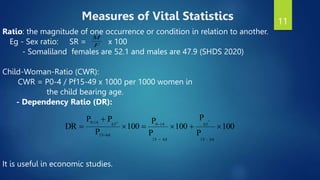 11
Measures of Vital Statistics
Ratio: the magnitude of one occurrence or condition in relation to another.
Eg - Sex ratio: SR = x 100
- Somaliland females are 52.1 and males are 47.9 (SHDS 2020)
Child-Woman-Ratio (CWR):
CWR = P0-4 / Pf15-49 x 1000 per 1000 women in
the child bearing age.
- Dependency Ratio (DR):
It is useful in economic studies.
F
M
100
P
P
100
P
P
100
P
P
P
DR
64
-
15
65
64
15
14
0
64
15
65
14
-
0












 