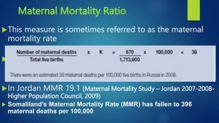 Maternal Mortality Ratio
This measure is sometimes referred to as the maternal
mortality rate
Number of maternal deaths (185 )x Total live births
(1,408,159 )x K (100,000 )= 13.1
In Jordan MMR 19.1 (Maternal Mortality Study – Jordan 2007-2008-
Higher Population Council, 2009)
 Somaliland’s Maternal Mortality Rate (MMR) has fallen to 396
maternal deaths per 100,000
 