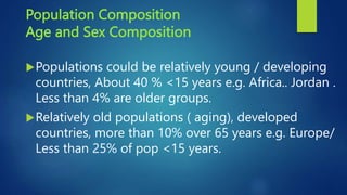 Population Composition
Age and Sex Composition
Populations could be relatively young / developing
countries, About 40 % <15 years e.g. Africa.. Jordan .
Less than 4% are older groups.
Relatively old populations ( aging), developed
countries, more than 10% over 65 years e.g. Europe/
Less than 25% of pop <15 years.
 