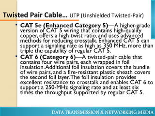  CAT 5e (Enhanced Category 5)—A higher-grade
version of CAT 5 wiring that contains high-quality
copper, offers a high twist ratio, and uses advanced
methods for reducing crosstalk. Enhanced CAT 5 can
support a signaling rate as high as 350 MHz, more than
triple the capability of regular CAT 5.
 CAT 6 (Category 6)—A twisted-pair cable that
contains four wire pairs, each wrapped in foil
insulation.Additional foil insulation covers the bundle
of wire pairs, and a fire-resistant plastic sheath covers
the second foil layer.The foil insulation provides
excellent resistance to crosstalk and enables CAT 6 to
support a 250-MHz signaling rate and at least six
times the throughput supported by regular CAT 5.
Twisted Pair Cable… UTP (Unshielded Twisted-Pair)
 