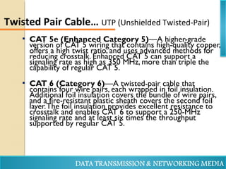 CAT 5e (Enhanced Category 5)—A higher-grade
version of CAT 5 wiring that contains high-quality copper,
offers a high twist ratio, and uses advanced methods for
reducing crosstalk. Enhanced CAT 5 can support a
signaling rate as high as 350 MHz, more than triple the
capability of regular CAT 5.
 CAT 6 (Category 6)—A twisted-pair cable that
contains four wire pairs, each wrapped in foil insulation.
Additional foil insulation covers the bundle of wire pairs,
and a fire-resistant plastic sheath covers the second foil
layer.The foil insulation provides excellent resistance to
crosstalk and enables CAT 6 to support a 250-MHz
signaling rate and at least six times the throughput
supported by regular CAT 5.
Twisted Pair Cable… UTP (Unshielded Twisted-Pair)
 