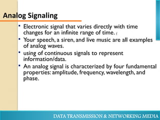  Electronic signal that varies directly with time
changes for an infinite range of time. (
 Your speech, a siren, and live music are all examples
of analog waves.
 using of continuous signals to represent
information/data.
 An analog signal is characterized by four fundamental
properties: amplitude, frequency, wavelength, and
phase.
Analog Signaling
 