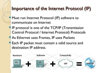 Importance of the Internet Protocol (IP)Importance of the Internet Protocol (IP)
Must run Internet Protocol (IP) software to
communicate on Internet
IP protocol is one of the TCP/IP (Transmission
Control Protocol / Internet Protocol) Protocols
As Ethernet uses Frames, IP uses Packets
Each IP packet must contain a valid source and
destination IP address.
 