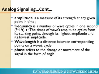  amplitude is a measure of its strength at any given
point in time.)
 frequency is a number of wave cycles in one second
(f=1/t). t=The times of wave’s amplitude cycles from
its starting point, through its highest amplitude and
its lowest amplitude.
 Wavelength is a distance between corresponding
points on a wave’s cycle
 phase refers to the change or movement of the
signal in the form of angle.
Analog Signaling…Cont…
 