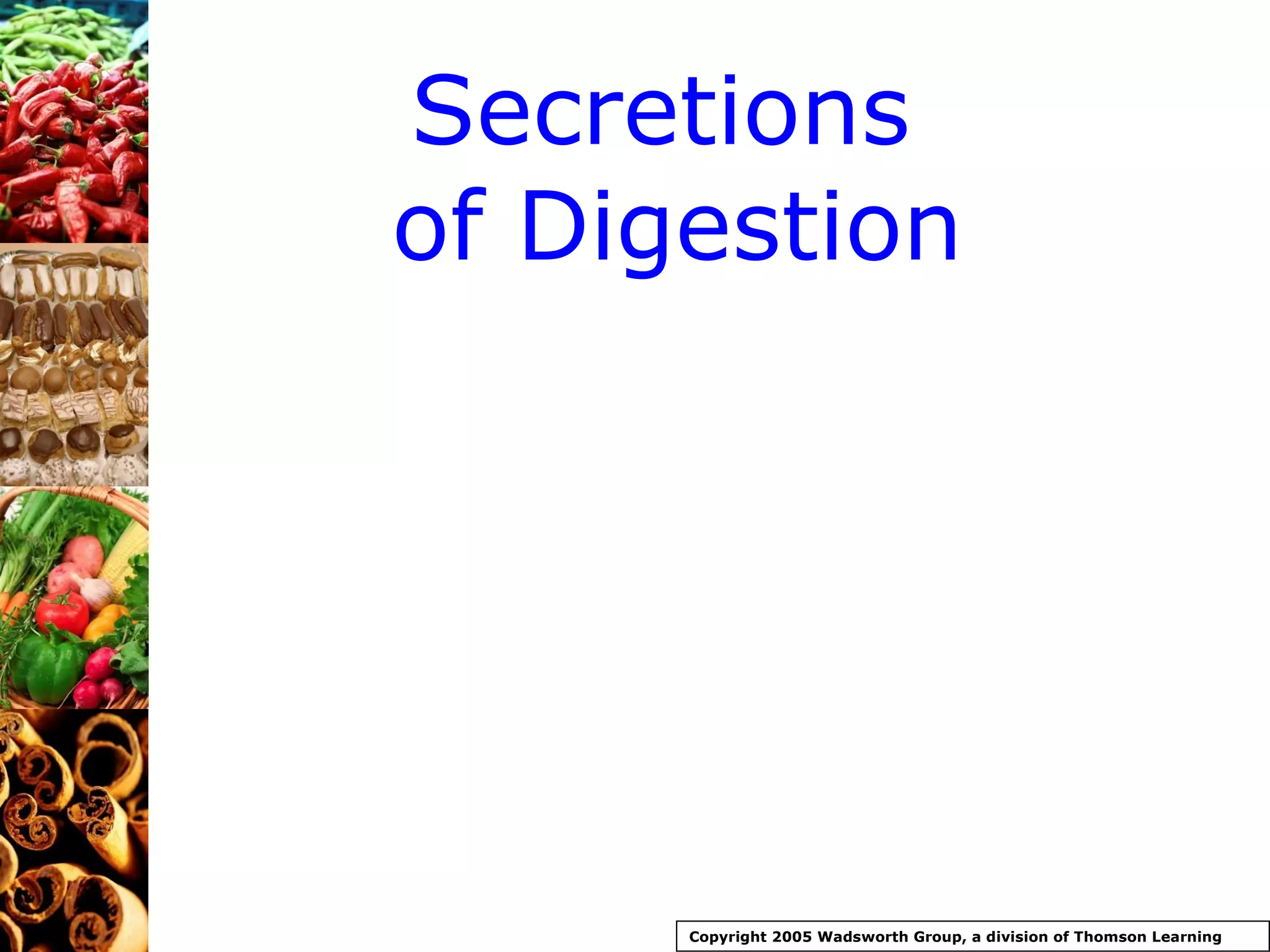 Secretions  of Digestion Copyright 2005 Wadsworth Group, a division of Thomson Learning 