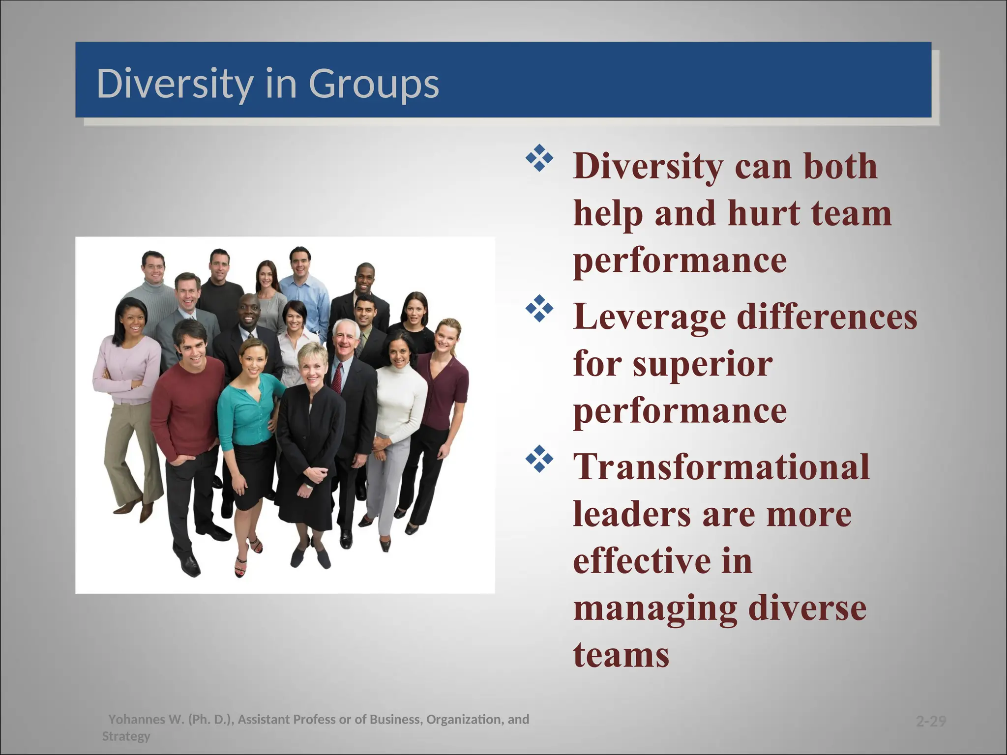 Diversity in Groups
 Diversity can both
help and hurt team
performance
 Leverage differences
for superior
performance
 Transformational
leaders are more
effective in
managing diverse
teams
2-29
Yohannes W. (Ph. D.), Assistant Profess or of Business, Organization, and
Strategy
 