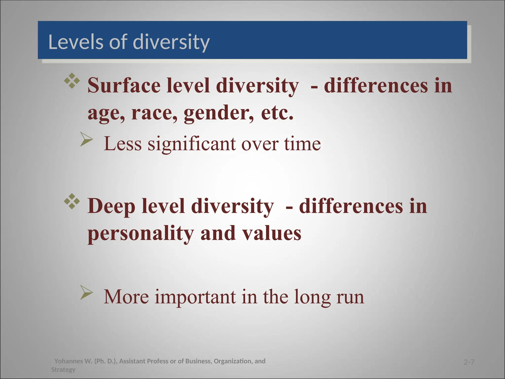 Levels of diversity
 Surface level diversity - differences in
age, race, gender, etc.
 Less significant over time
 Deep level diversity - differences in
personality and values
 More important in the long run
2-7
Yohannes W. (Ph. D.), Assistant Profess or of Business, Organization, and
Strategy
 