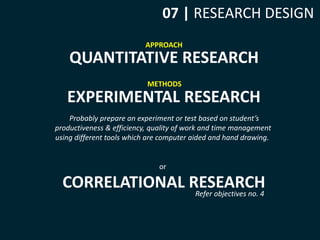 07 | RESEARCH DESIGN 
APPROACH 
QUANTITATIVE RESEARCH 
METHODS 
EXPERIMENTAL RESEARCH 
Probably prepare an experiment or test based on student’s 
productiveness & efficiency, quality of work and time management 
using different tools which are computer aided and hand drawing. 
or 
CORRELATIONAL RESEARCH 
Refer objectives no. 4 
 