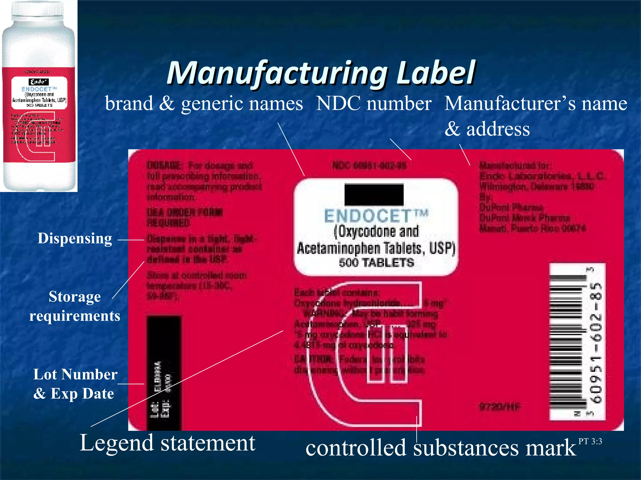 Manufacturing Label
          brand & generic names NDC number Manufacturer’s name
                                           & address




 Dispensing


   Storage
requirements


Lot Number
& Exp Date


      Legend statement       controlled substances mark   PT 3:3
 