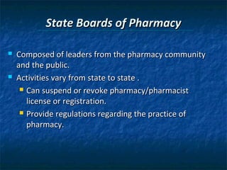 State Boards of Pharmacy

   Composed of leaders from the pharmacy community
    and the public.
   Activities vary from state to state .
      Can suspend or revoke pharmacy/pharmacist

       license or registration.
      Provide regulations regarding the practice of

       pharmacy.
 