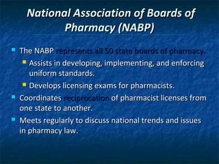 National Association of Boards of
             Pharmacy (NABP)
   The NABP represents all 50 state boards of pharmacy.
      Assists in developing, implementing, and enforcing

       uniform standards.
      Develops licensing exams for pharmacists.

   Coordinates reciprocation of pharmacist licenses from
    one state to another.
   Meets regularly to discuss national trends and issues
    in pharmacy law.
 
