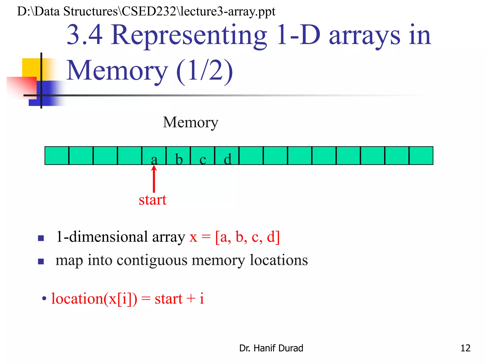 3.4 Representing 1-D arrays in
Memory (1/2)
Dr. Hanif Durad 12
 1-dimensional array x = [a, b, c, d]
 map into contiguous memory locations
Memory
a b c d
start
• location(x[i]) = start + i
D:Data StructuresCSED232lecture3-array.ppt
 