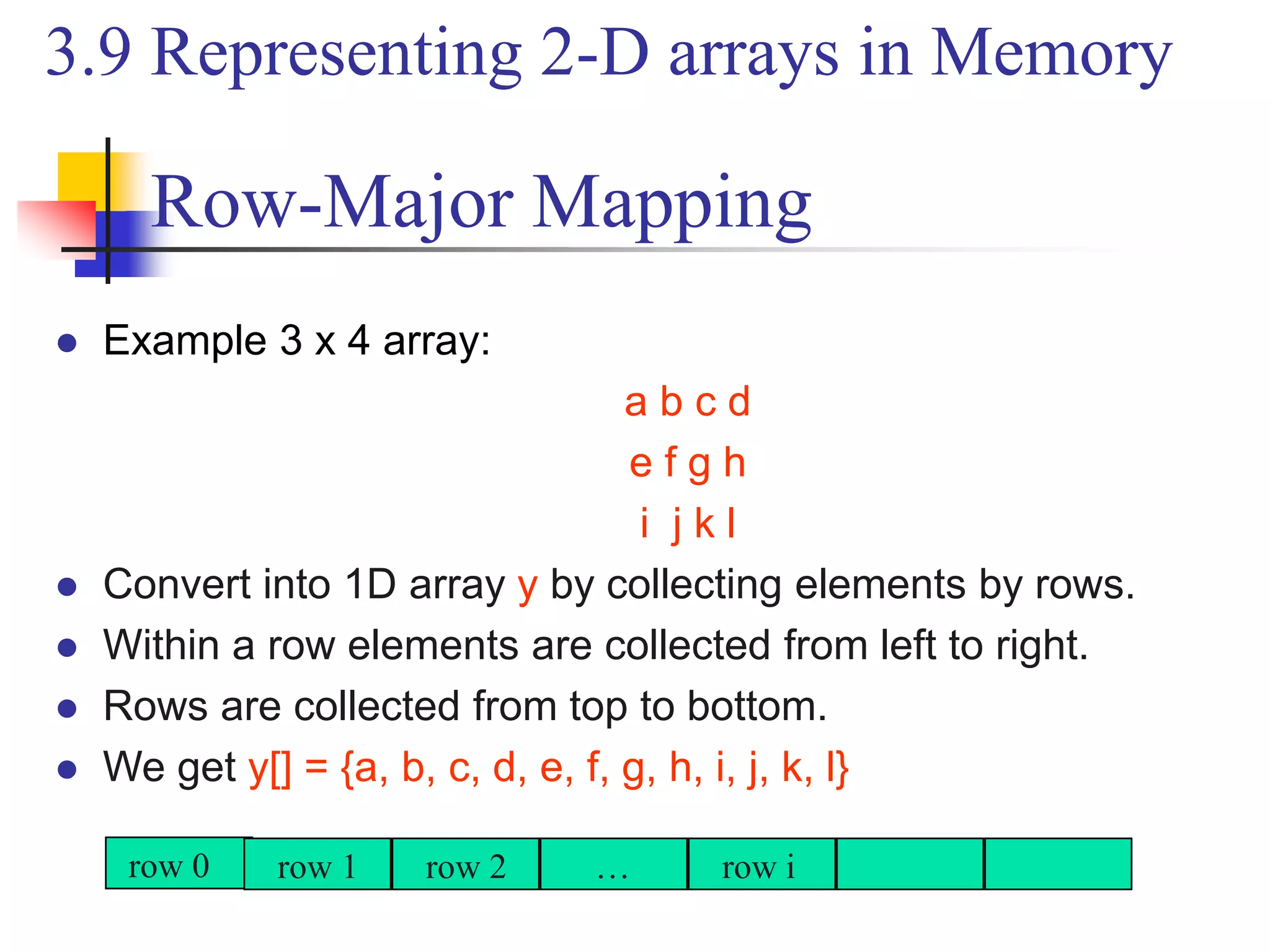 Row-Major Mapping
 Example 3 x 4 array:
a b c d
e f g h
i j k l
 Convert into 1D array y by collecting elements by rows.
 Within a row elements are collected from left to right.
 Rows are collected from top to bottom.
 We get y[] = {a, b, c, d, e, f, g, h, i, j, k, l}
row 0 row 1 row 2 … row i
3.9 Representing 2-D arrays in Memory
 