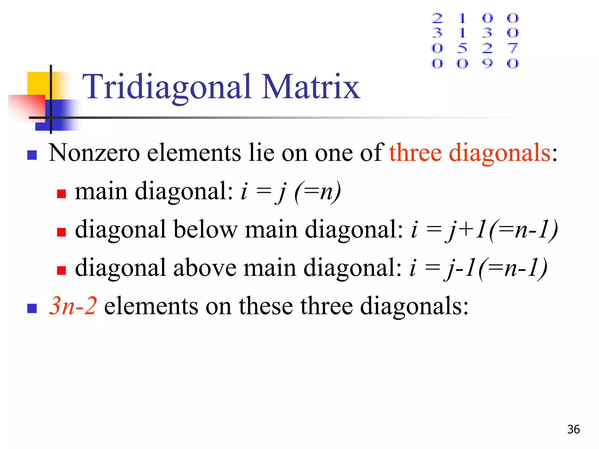 36
Tridiagonal Matrix
 Nonzero elements lie on one of three diagonals:
 main diagonal: i = j (=n)
 diagonal below main diagonal: i = j+1(=n-1)
 diagonal above main diagonal: i = j-1(=n-1)
 3n-2 elements on these three diagonals:
 