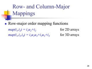 28
Row- and Column-Major
Mappings
 Row-major order mapping functions
map(i1,i2) = i1u2+i2 for 2D arrays
map(i1,i2,i3) = i1u2u3+i2u3+i3 for 3D arrays
 