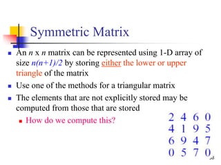 38
Symmetric Matrix
 An n x n matrix can be represented using 1-D array of
size n(n+1)/2 by storing either the lower or upper
triangle of the matrix
 Use one of the methods for a triangular matrix
 The elements that are not explicitly stored may be
computed from those that are stored
 How do we compute this?
 