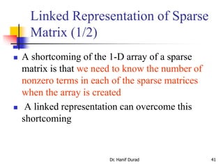 Linked Representation of Sparse
Matrix (1/2)
 A shortcoming of the 1-D array of a sparse
matrix is that we need to know the number of
nonzero terms in each of the sparse matrices
when the array is created
 A linked representation can overcome this
shortcoming
Dr. Hanif Durad 41
 