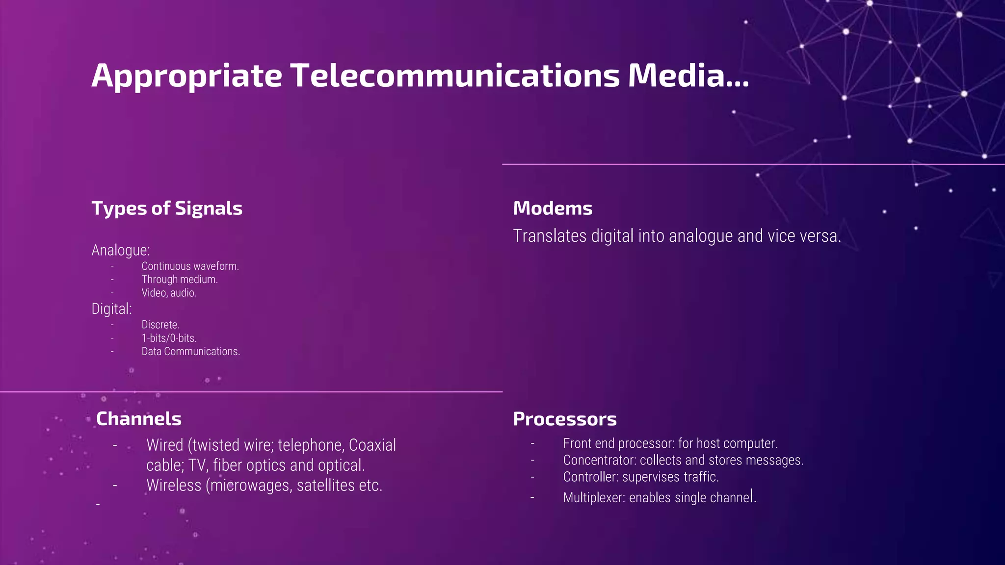 Types of Signals
Analogue:
- Continuous waveform.
- Through medium.
- Video, audio.
Digital:
- Discrete.
- 1-bits/0-bits.
- Data Communications.
Appropriate Telecommunications Media...
Channels
- Wired (twisted wire; telephone, Coaxial
cable; TV, fiber optics and optical.
- Wireless (microwages, satellites etc.
-
Modems
Translates digital into analogue and vice versa.
Processors
- Front end processor: for host computer.
- Concentrator: collects and stores messages.
- Controller: supervises traffic.
- Multiplexer: enables single channel.
 