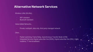 Alternative Network Services
Wireless LANs (WLANs)...
- WiFi standard.
- Bluetooth standard.
Value-Added Networks…
- Private, multipath, data only, third party managed network.
Other…
- Packet switching, Frame Relay, Asynchronous Transfer Mode (ATM).
- Integrated Services Digital subscriber line (ISDN), Digital subscriber line (DSL), Cable
modems, T1 line-broadband.
 