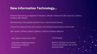 New Information Technology...
Enterprise Networking: arrangement of hardware, software, network and data resources, creates a
company-wide network.
Internetworking: links separate networks into an interconnected network.
Connectivity: measures how well computers and computer-based devices communicate.
Open system: software systems, operate on different hardware platforms.
Open Systems Interconnect (OSI)
Determines multiple-layer layout
to interconnect different
equipments.
TCP/IP Model
Based on OSI layers but focused
more on transmission. It is a short
practical model.
 