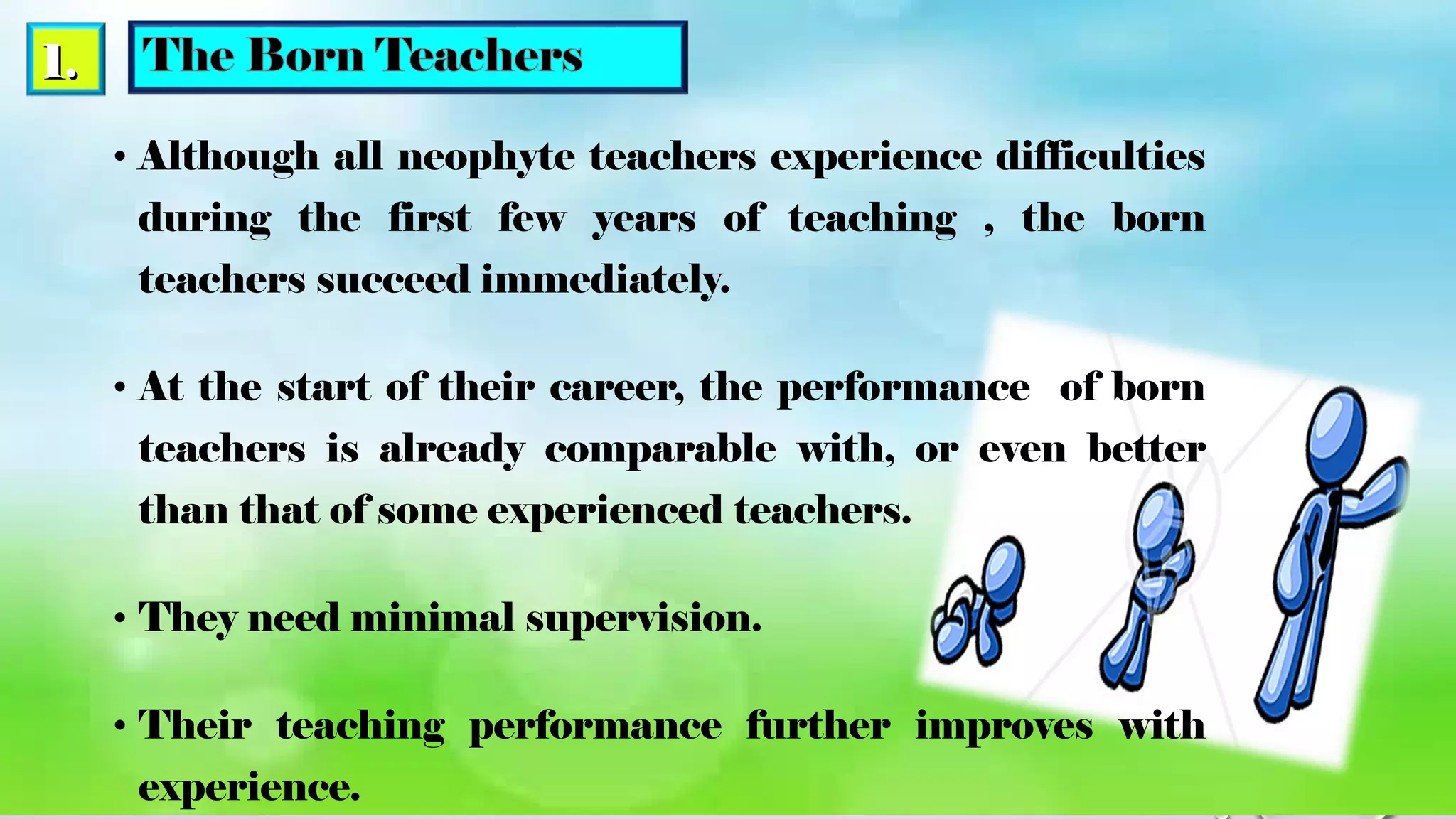 1.1.
• Although all neophyte teachers experience difficulties
during the first few years of teaching , the born
teachers succeed immediately.
• At the start of their career, the performance of born
teachers is already comparable with, or even better
than that of some experienced teachers.
• They need minimal supervision.
• Their teaching performance further improves with
experience.
 