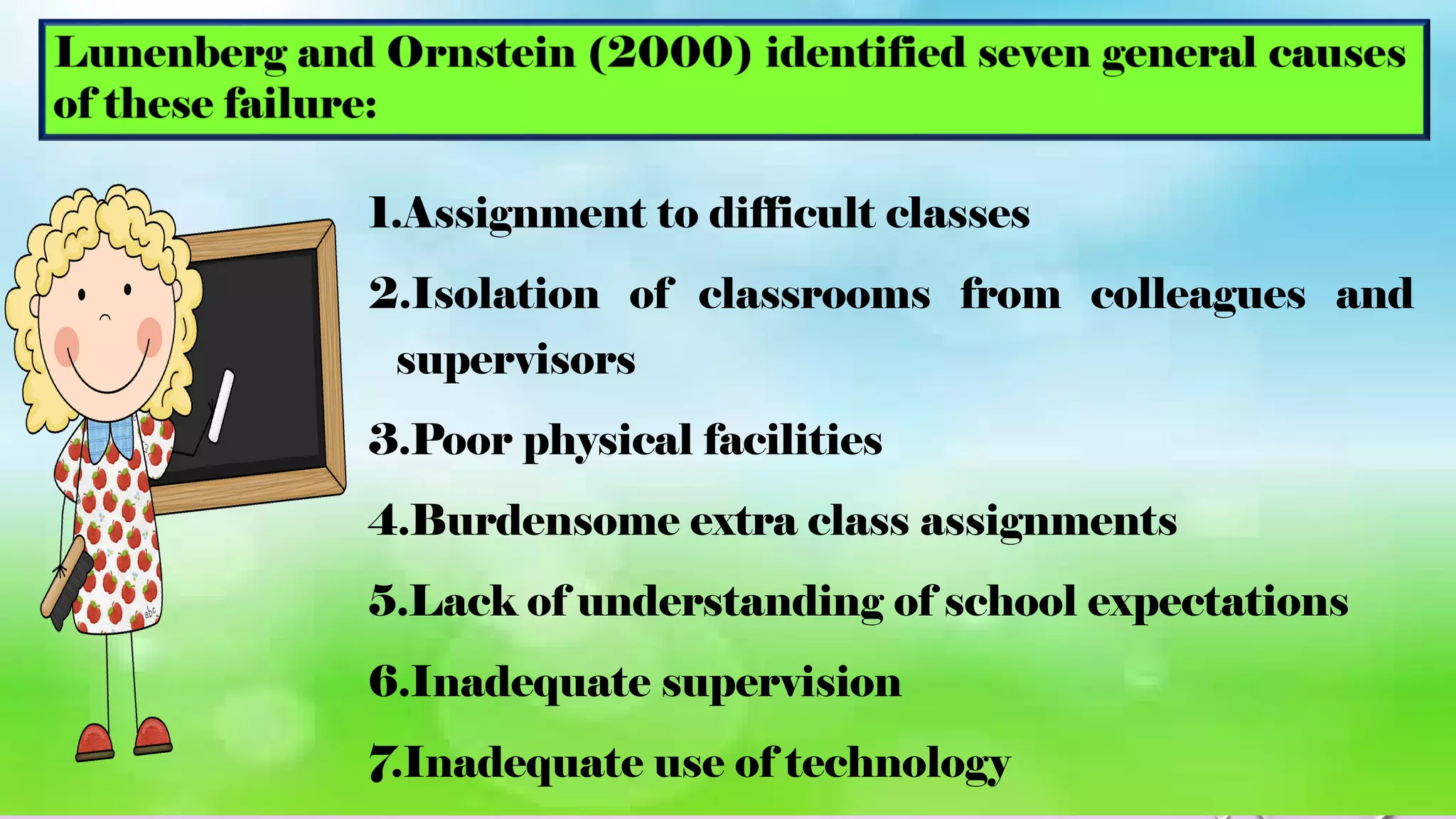 1.Assignment to difficult classes
2.Isolation of classrooms from colleagues and
supervisors
3.Poor physical facilities
4.Burdensome extra class assignments
5.Lack of understanding of school expectations
6.Inadequate supervision
7.Inadequate use of technology
 