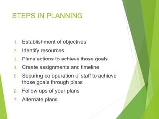 STEPS IN PLANNING
1. Establishment of objectives
2. Identify resources
3. Plans actions to achieve those goals
4. Create assignments and timeline
5. Securing co operation of staff to achieve
those goals through plans
6. Follow ups of your plans
7. Alternate plans
 