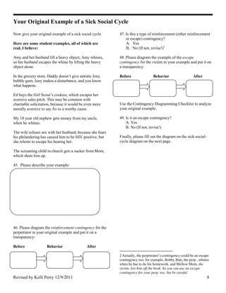Your Original Example of a Sick Social Cycle

Now give your original example of a sick social cycle.     47. Is this a type of reinforcement (either reinforcement
                                                               or escape) contingency?
Here are some student examples, all of which are               A. Yes
real, I believe:                                               B. No (If not, revise!)2

Amy and her husband lift a heavy object; Amy whines,       48. Please diagram the example of the escape
so her husband escapes the whine by lifting the heavy      contingency for the victim in your example and put it on
object alone.                                              a transparency:

In the grocery store, Daddy doesn’t give autistic Joey     Before                Behavior                   After
bubble gum; Joey makes a disturbance, and you know
what happens.

Ed buys the Girl Scout’s cookies, which escapes her
aversive sales pitch. This may be common with
charitable solicitation, because it would be even more     Use the Contingency Diagramming Checklist to analyze
morally aversive to say No to a worthy cause.              your original example.

My 18 year old nephew gets money from my uncle,            49. Is it an escape contingency?
when he whines.                                                A. Yes
                                                               B. No (If not, revise!)
The wife refuses sex with her husband, because she fears
his philandering has caused him to be HIV positive; but    Finally, please fill out the diagram on the sick-social-
she relents to escape his beating her.                     cycle diagram on the next page.

The screaming child in church gets a sucker from Mom,
which shuts him up.

45. Please describe your example:




46. Please diagram the reinforcement contingency for the
perpetrator in your original example and put it on a
transparency:

Before              Behavior                 After

                                                           2 Actually, the perpetrator’s contingency could be an escape
                                                           contingency too, for example, Bobby Brat, the perp., whines
                                                           when he has to do his homework, and Mellow Mom, the
                                                           victim, lets him off the hook. So you can use an escape
                                                           contingency for your perp. too, but be careful.
Revised by Kelli Perry 12/9/2011                                                                                      8
 