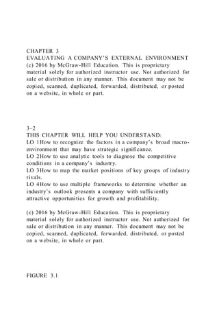 CHAPTER 3
EVALUATING A COMPANY’S EXTERNAL ENVIRONMENT
(c) 2016 by McGraw-Hill Education. This is proprietary
material solely for authorized instructor use. Not authorized for
sale or distribution in any manner. This document may not be
copied, scanned, duplicated, forwarded, distributed, or posted
on a website, in whole or part.
3–2
THIS CHAPTER WILL HELP YOU UNDERSTAND:
LO 1How to recognize the factors in a company’s broad macro-
environment that may have strategic significance.
LO 2How to use analytic tools to diagnose the competitive
conditions in a company’s industry.
LO 3How to map the market positions of key groups of industry
rivals.
LO 4How to use multiple frameworks to determine whether an
industry’s outlook presents a company with sufficiently
attractive opportunities for growth and profitability.
(c) 2016 by McGraw-Hill Education. This is proprietary
material solely for authorized instructor use. Not authorized for
sale or distribution in any manner. This document may not be
copied, scanned, duplicated, forwarded, distributed, or posted
on a website, in whole or part.
FIGURE 3.1
 
