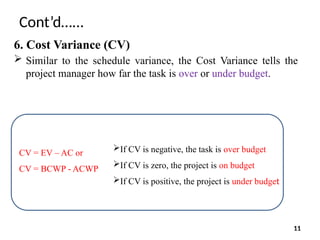 Cont’d…...
6. Cost Variance (CV)
 Similar to the schedule variance, the Cost Variance tells the
project manager how far the task is over or under budget.
CV = EV – AC or
CV = BCWP - ACWP
If CV is negative, the task is over budget
If CV is zero, the project is on budget
If CV is positive, the project is under budget
11
 