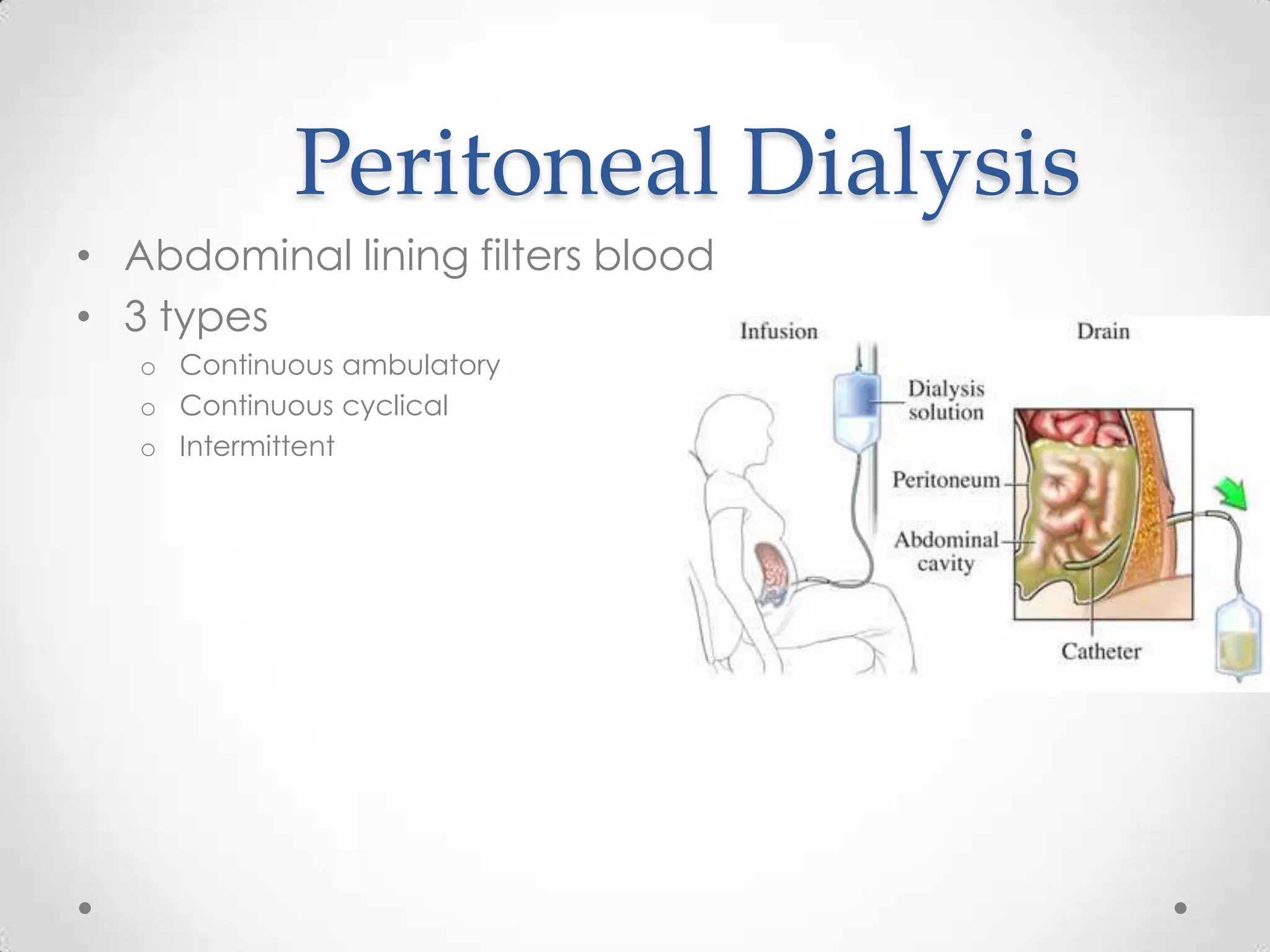 Peritoneal Dialysis
• Abdominal lining filters blood
• 3 types
   o Continuous ambulatory
   o Continuous cyclical
   o Intermittent
 