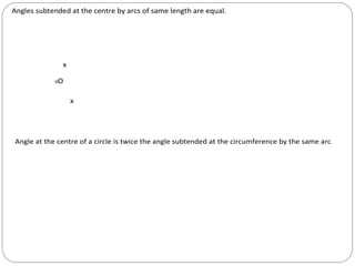 Angles subtended at the centre by arcs of same length are equal.




               x

            oO


                   x




Angle at the centre of a circle is twice the angle subtended at the circumference by the same arc.
 