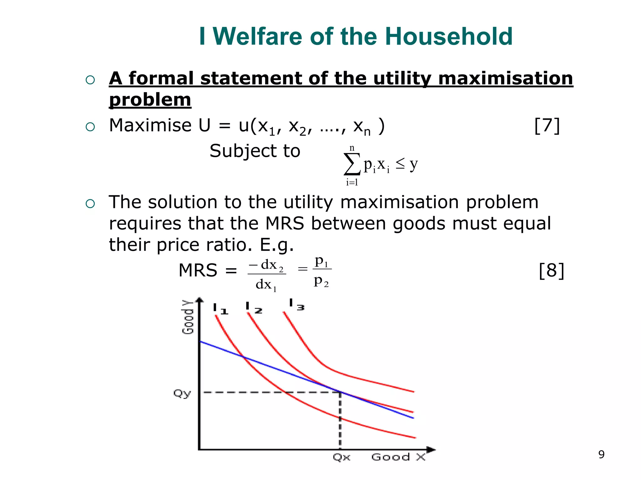 9
I Welfare of the Household
 A formal statement of the utility maximisation
problem
 Maximise U = u(x1, x2, …., xn ) [7]
Subject to
 The solution to the utility maximisation problem
requires that the MRS between goods must equal
their price ratio. E.g.
MRS = [8]
y
x
p
n
1
i
i
i 


1
2
dx
dx

2
1
p
p

 